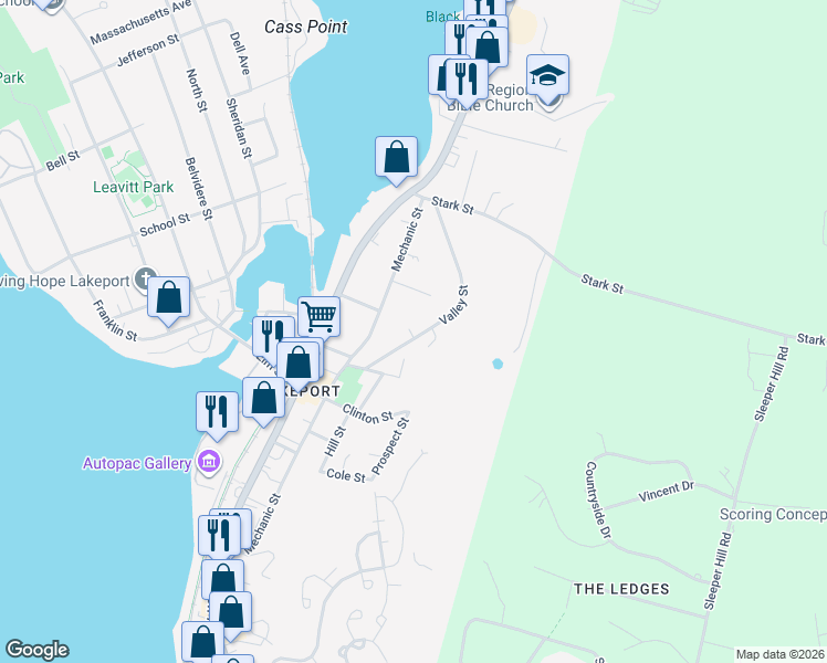 map of restaurants, bars, coffee shops, grocery stores, and more near 257 Mechanic Street in Laconia