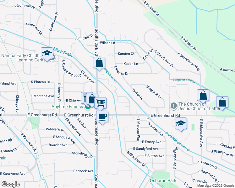 map of restaurants, bars, coffee shops, grocery stores, and more near 2053 Lexi's Lane in Nampa