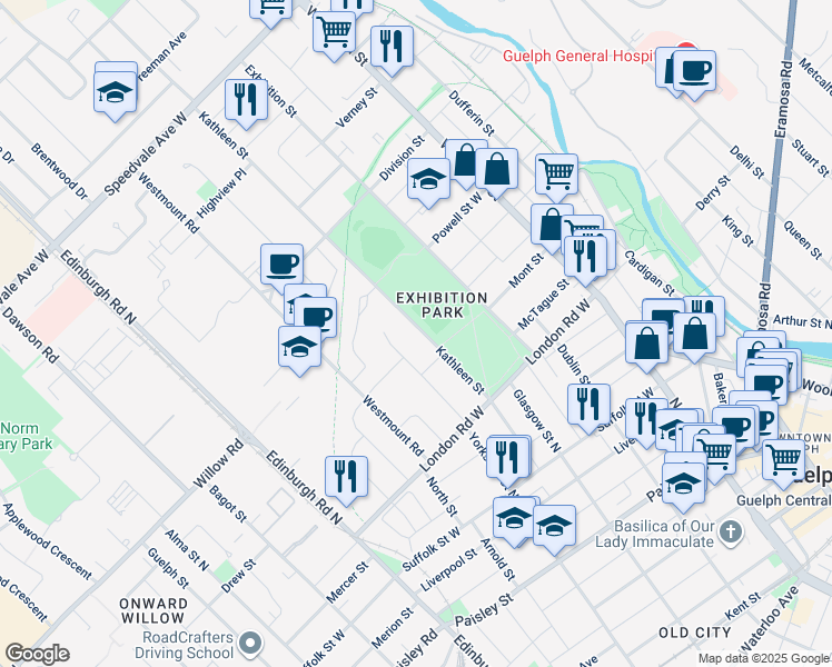 map of restaurants, bars, coffee shops, grocery stores, and more near in Guelph