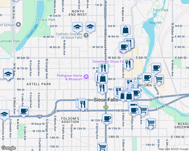 map of restaurants, bars, coffee shops, grocery stores, and more near 507 West 7th Street in Sioux Falls