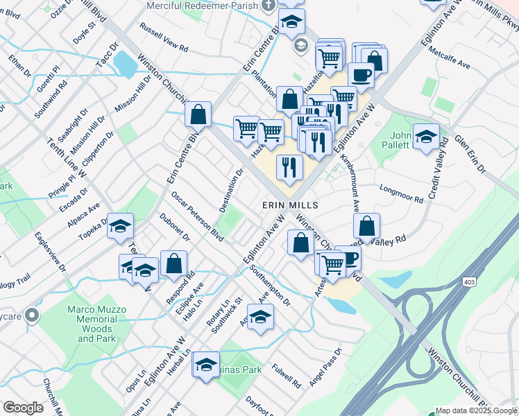map of restaurants, bars, coffee shops, grocery stores, and more near 5035 Harvard Road in Mississauga