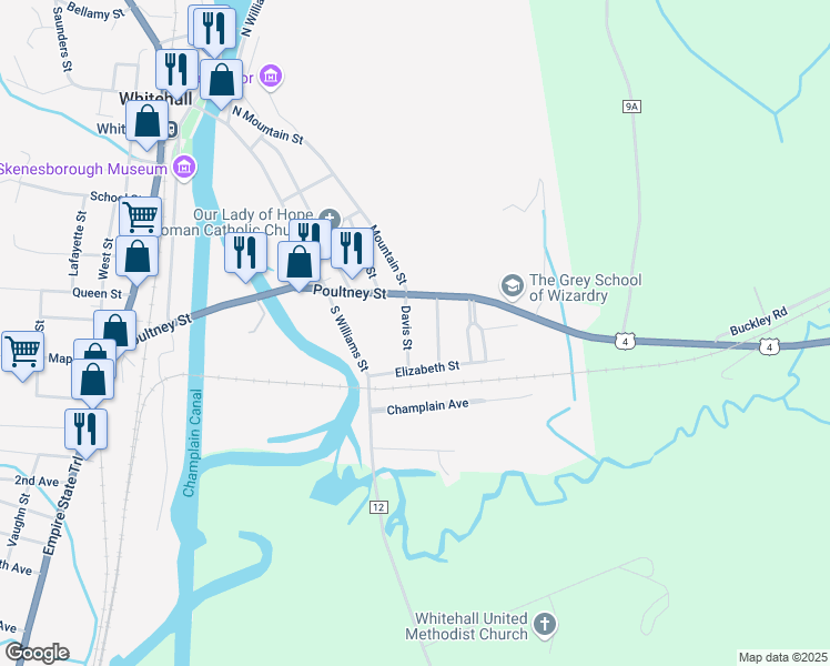 map of restaurants, bars, coffee shops, grocery stores, and more near 6 Davis Street in Whitehall