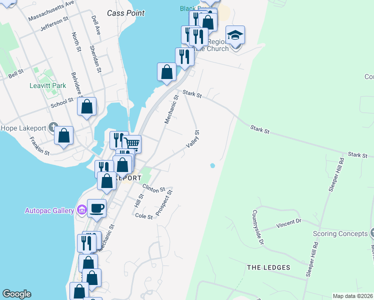 map of restaurants, bars, coffee shops, grocery stores, and more near 116 Valley Street in Laconia