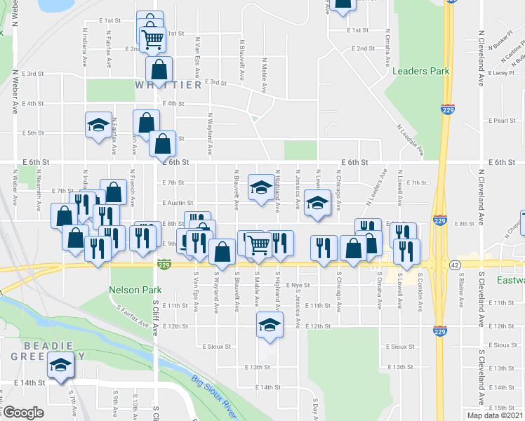 map of restaurants, bars, coffee shops, grocery stores, and more near 1721 East Austin Street in Sioux Falls