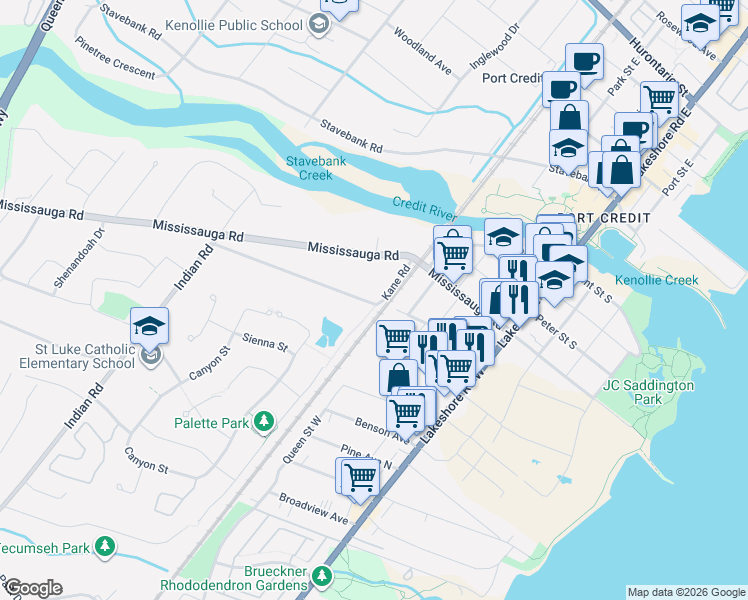 map of restaurants, bars, coffee shops, grocery stores, and more near 1143 Kane Road in Mississauga
