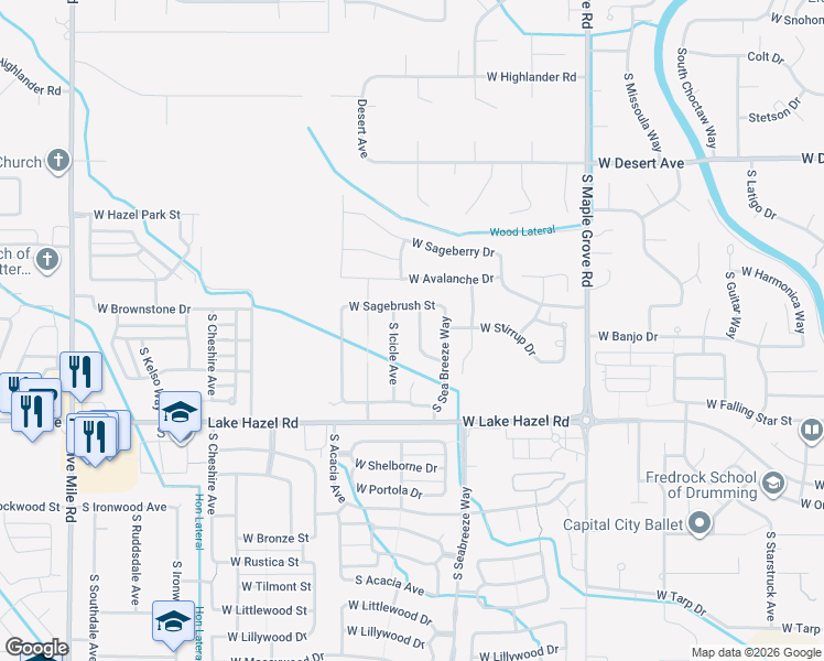 map of restaurants, bars, coffee shops, grocery stores, and more near 5883 South Harrington Way in Boise