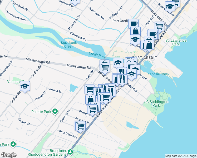 map of restaurants, bars, coffee shops, grocery stores, and more near in Mississauga