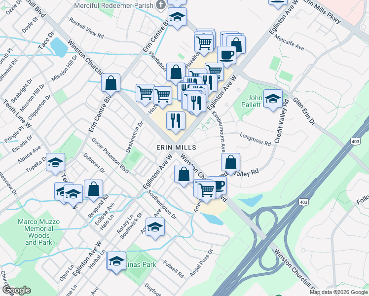 map of restaurants, bars, coffee shops, grocery stores, and more near in Mississauga