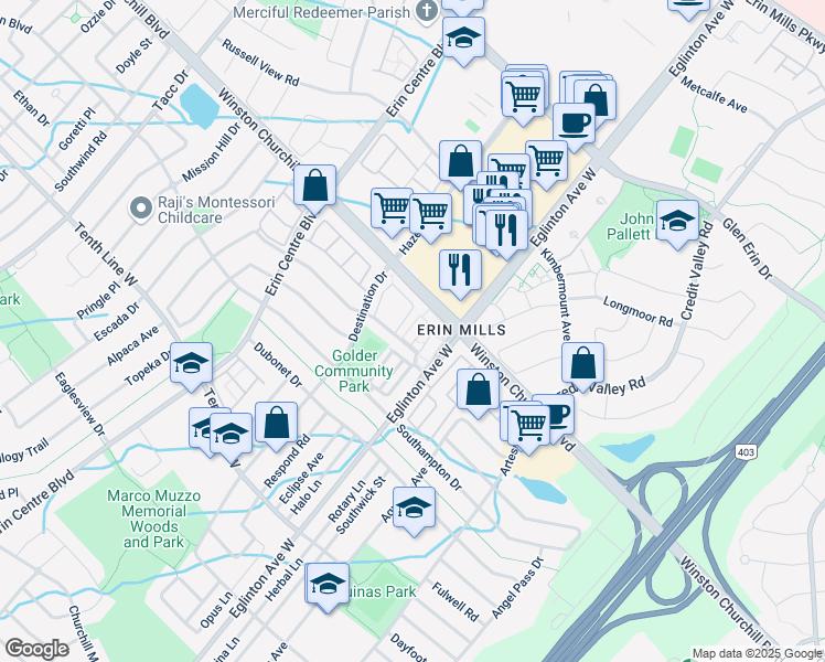 map of restaurants, bars, coffee shops, grocery stores, and more near in Mississauga