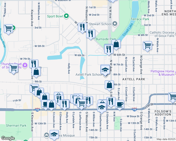 map of restaurants, bars, coffee shops, grocery stores, and more near in Sioux Falls