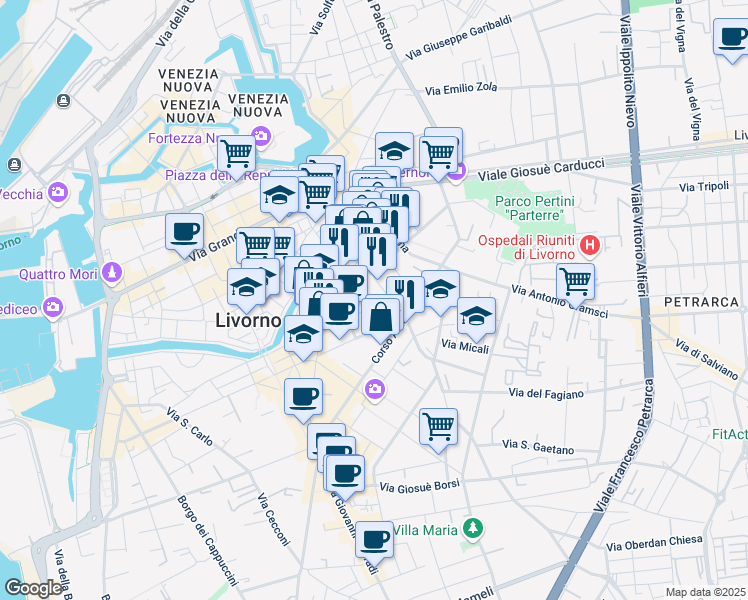 map of restaurants, bars, coffee shops, grocery stores, and more near 10 Via del Platano in Livorno
