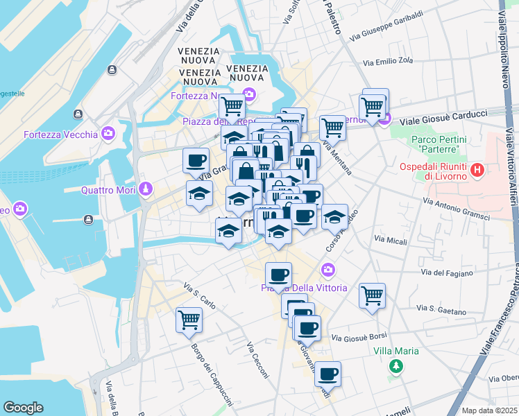 map of restaurants, bars, coffee shops, grocery stores, and more near 112 Via Buontalenti in Livorno