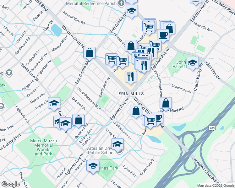 map of restaurants, bars, coffee shops, grocery stores, and more near in Mississauga