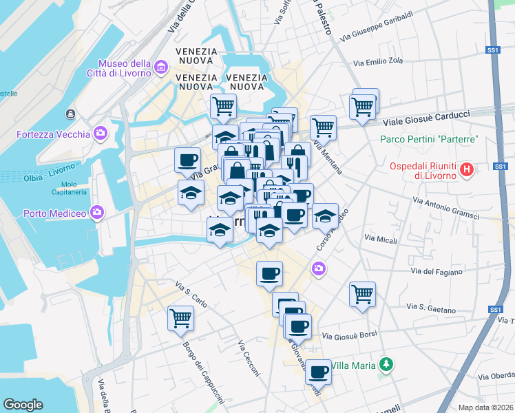 map of restaurants, bars, coffee shops, grocery stores, and more near 112 Via Buontalenti in Livorno