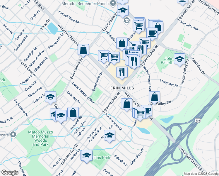 map of restaurants, bars, coffee shops, grocery stores, and more near 5035 Harvard Road in Mississauga