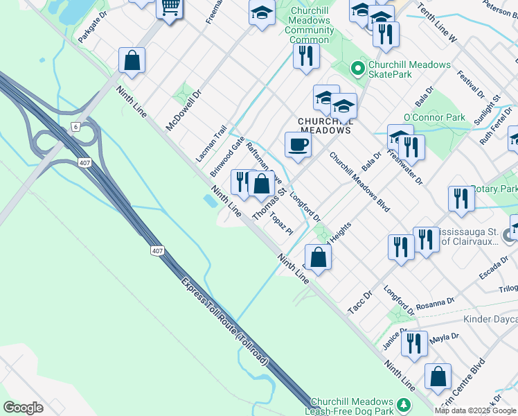 map of restaurants, bars, coffee shops, grocery stores, and more near 5704 Keldrew Avenue in Mississauga