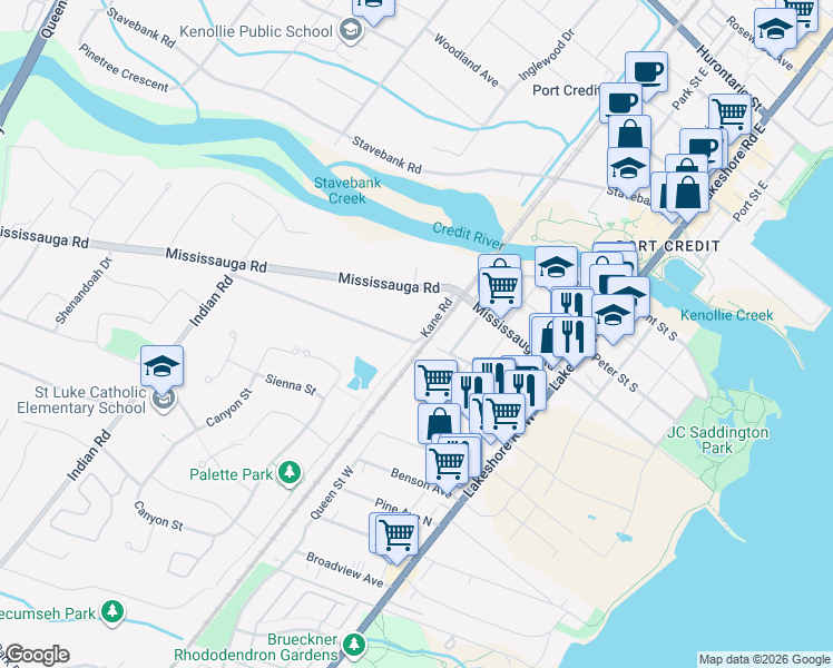 map of restaurants, bars, coffee shops, grocery stores, and more near 1143 Kane Road in Mississauga