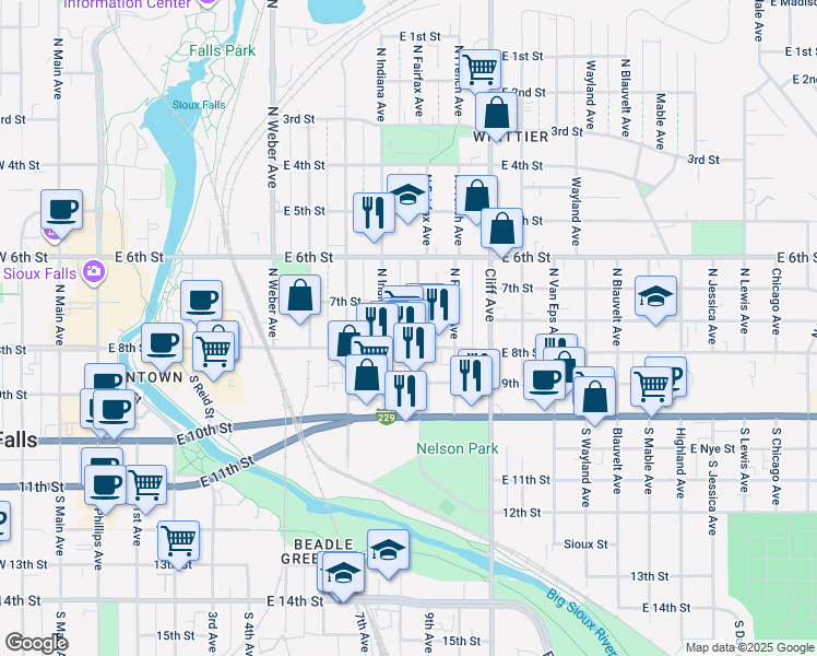 map of restaurants, bars, coffee shops, grocery stores, and more near 228 North Fairfax Avenue in Sioux Falls