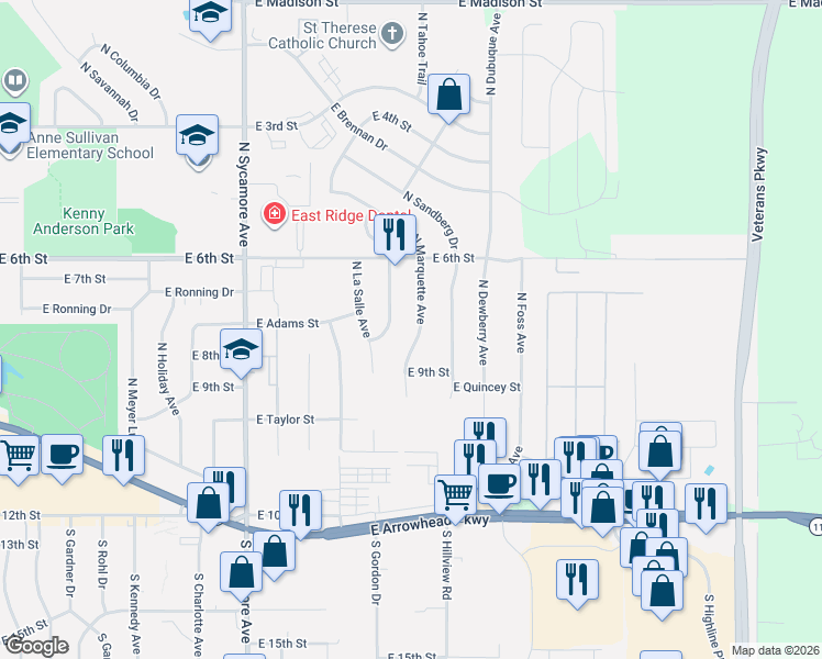 map of restaurants, bars, coffee shops, grocery stores, and more near 218 North Marquette Avenue in Sioux Falls