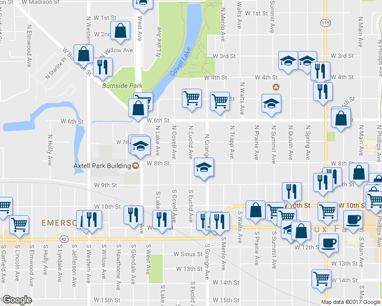 map of restaurants, bars, coffee shops, grocery stores, and more near 222 North Euclid Avenue in Sioux Falls
