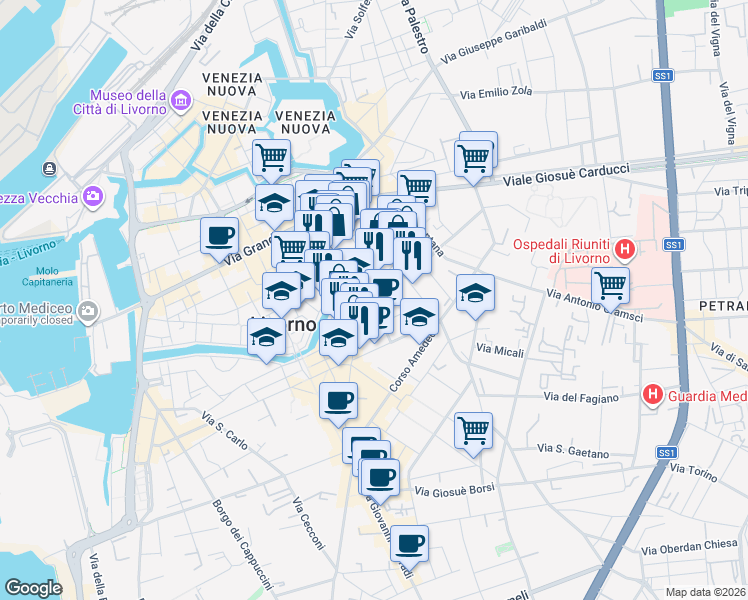 map of restaurants, bars, coffee shops, grocery stores, and more near 22 Via Luigi Bosi in Livorno