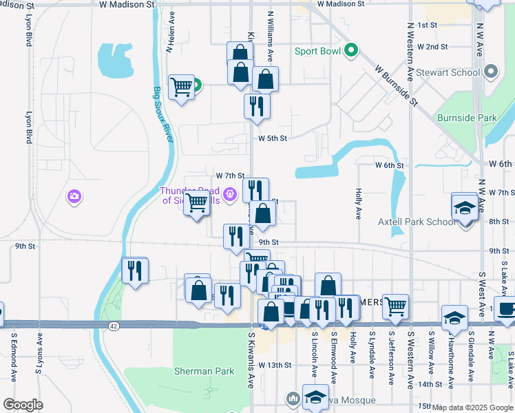 map of restaurants, bars, coffee shops, grocery stores, and more near 220 North Kiwanis Avenue in Sioux Falls