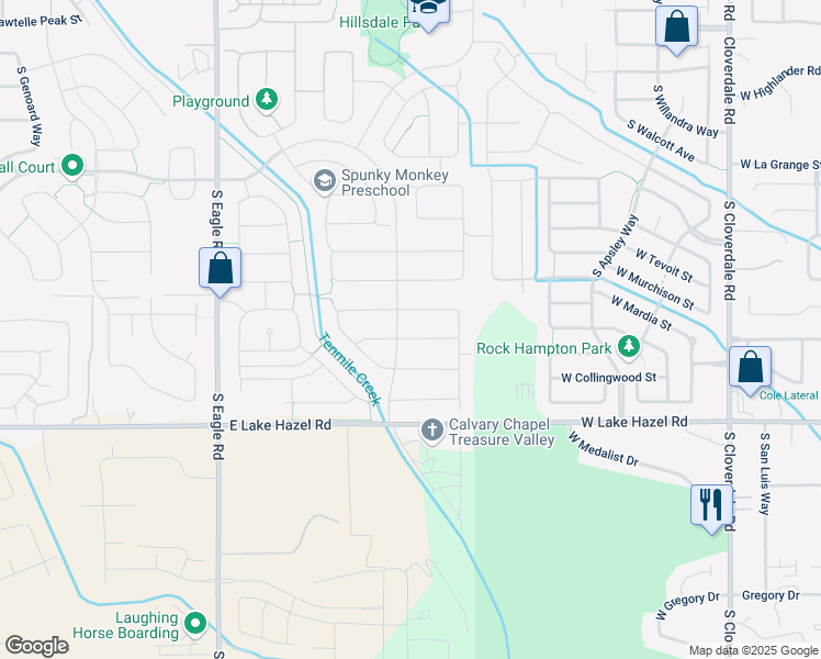 map of restaurants, bars, coffee shops, grocery stores, and more near 3739 East Levin Street in Meridian