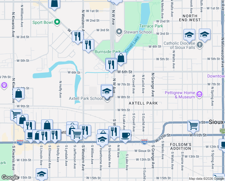 map of restaurants, bars, coffee shops, grocery stores, and more near 225 West Avenue in Sioux Falls