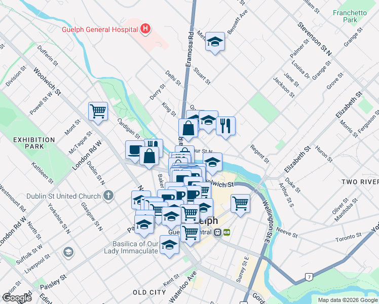 map of restaurants, bars, coffee shops, grocery stores, and more near 138 Arthur Street North in Guelph