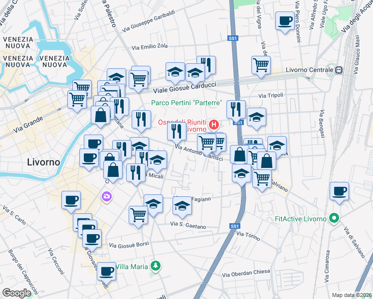 map of restaurants, bars, coffee shops, grocery stores, and more near 125 Via Antonio Gramsci in Livorno