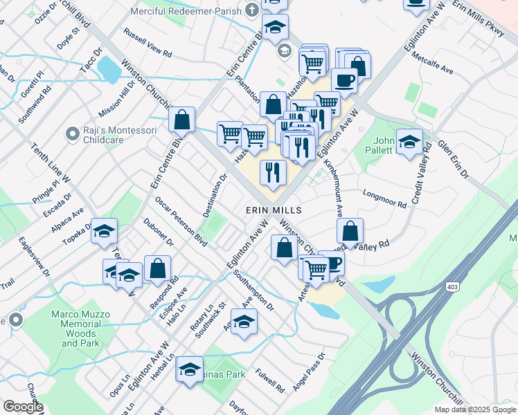 map of restaurants, bars, coffee shops, grocery stores, and more near 5025 Harvard Road in Mississauga