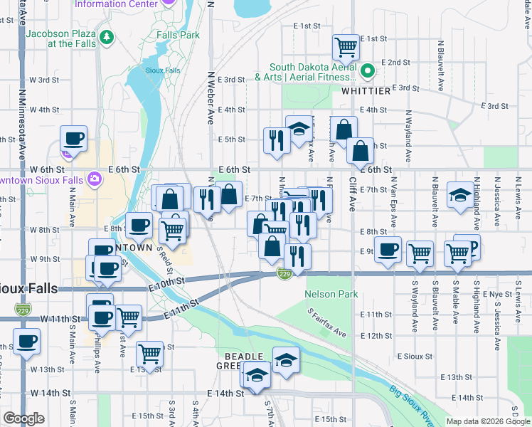 map of restaurants, bars, coffee shops, grocery stores, and more near 224 North Franklin Avenue in Sioux Falls