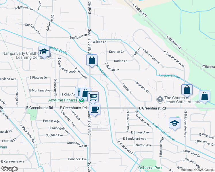 map of restaurants, bars, coffee shops, grocery stores, and more near 2053 Lexi's Lane in Nampa