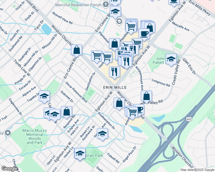 map of restaurants, bars, coffee shops, grocery stores, and more near in Mississauga
