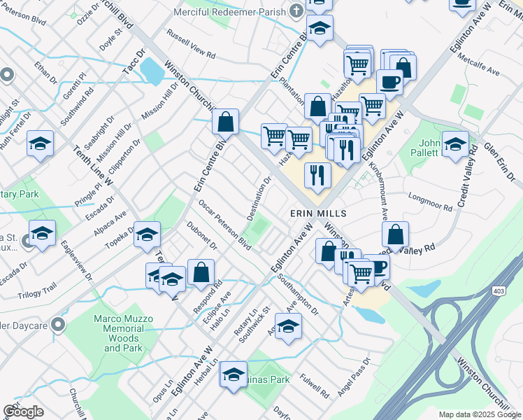 map of restaurants, bars, coffee shops, grocery stores, and more near in Mississauga