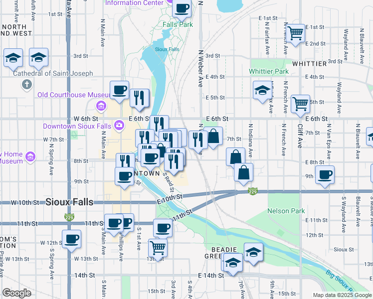 map of restaurants, bars, coffee shops, grocery stores, and more near 440 East 8th Street in Sioux Falls