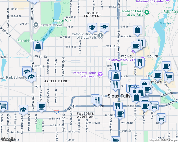 map of restaurants, bars, coffee shops, grocery stores, and more near 228 North Prairie Avenue in Sioux Falls