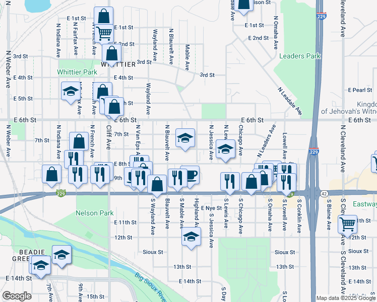 map of restaurants, bars, coffee shops, grocery stores, and more near 1721 East Austin Street in Sioux Falls
