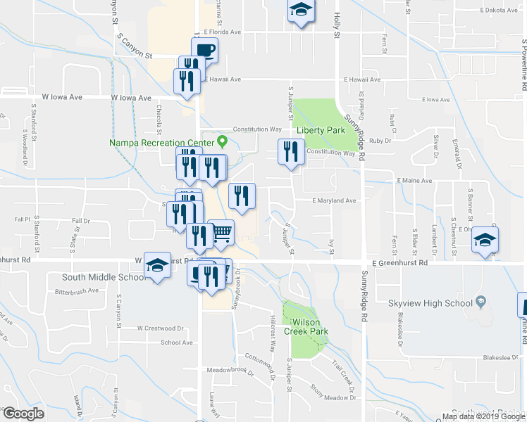 map of restaurants, bars, coffee shops, grocery stores, and more near 2015 South Locust Street in Nampa