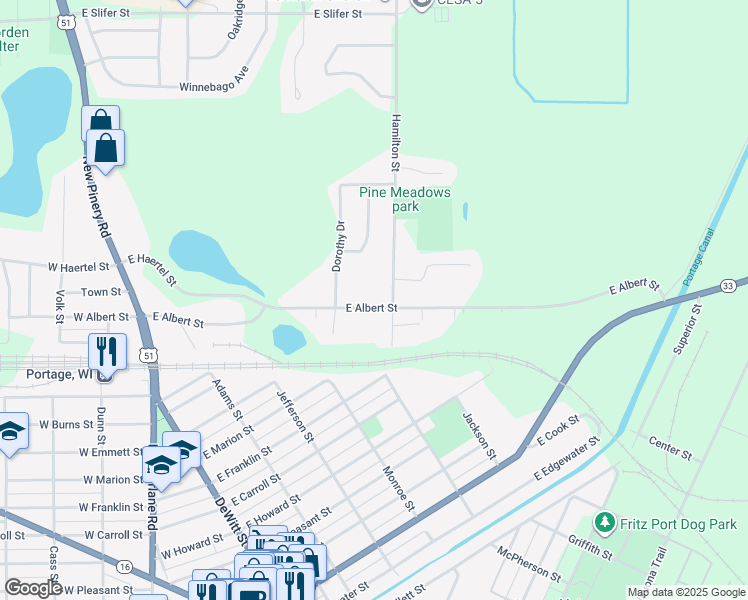 map of restaurants, bars, coffee shops, grocery stores, and more near 547 E Albert St in Portage