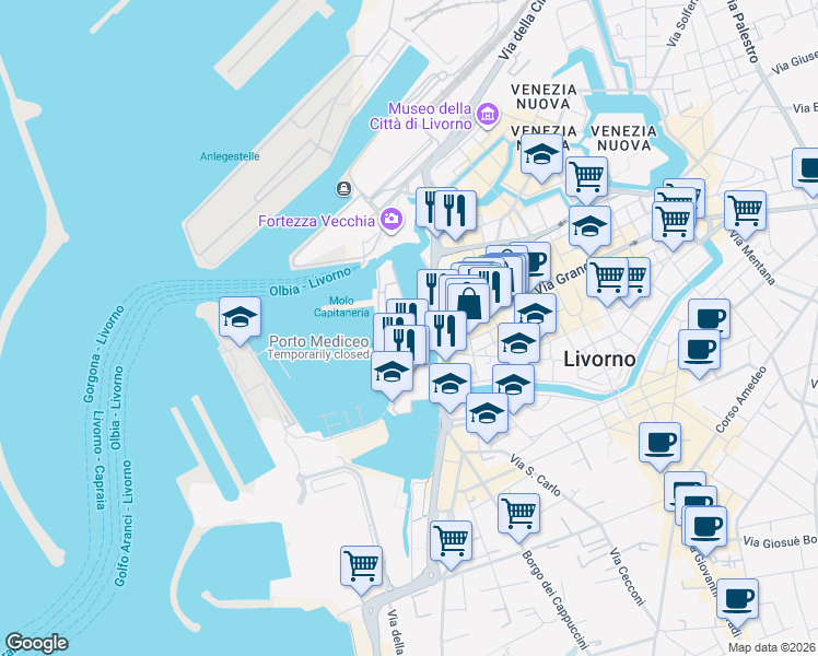 map of restaurants, bars, coffee shops, grocery stores, and more near 10 Scali della Darsena in Livorno
