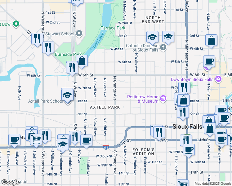 map of restaurants, bars, coffee shops, grocery stores, and more near 222 North Grange Avenue in Sioux Falls