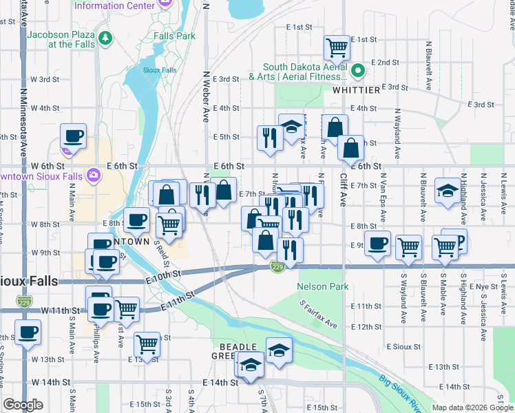 map of restaurants, bars, coffee shops, grocery stores, and more near 224 North Franklin Avenue in Sioux Falls