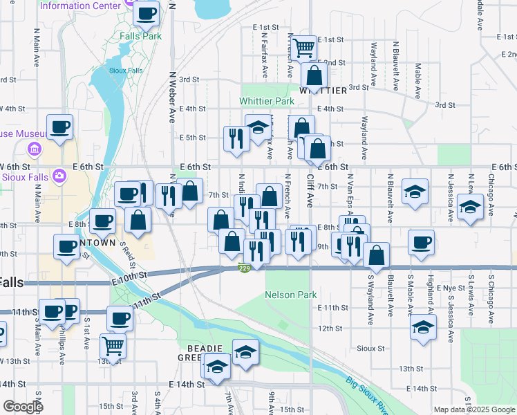 map of restaurants, bars, coffee shops, grocery stores, and more near 228 North Fairfax Avenue in Sioux Falls