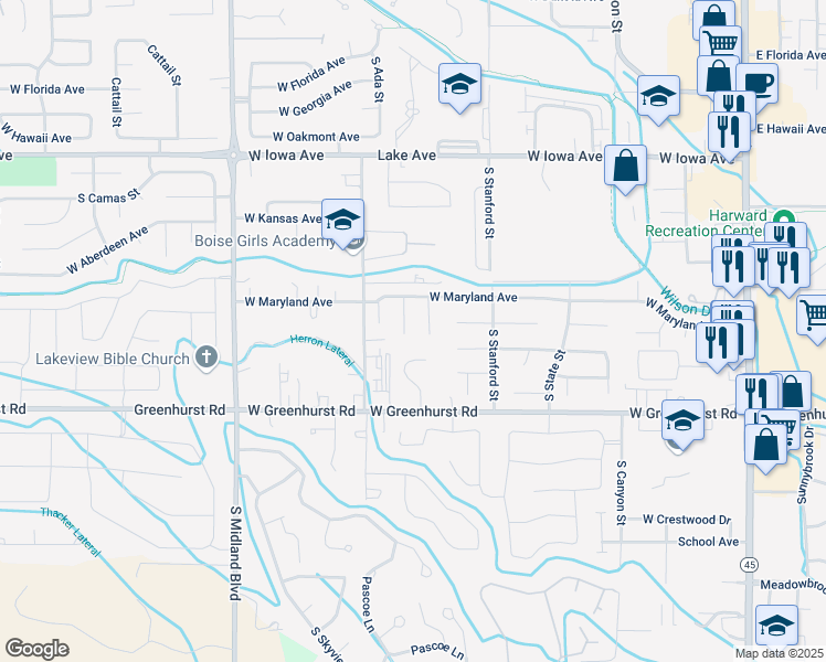 map of restaurants, bars, coffee shops, grocery stores, and more near 1912 Truman Street in Nampa
