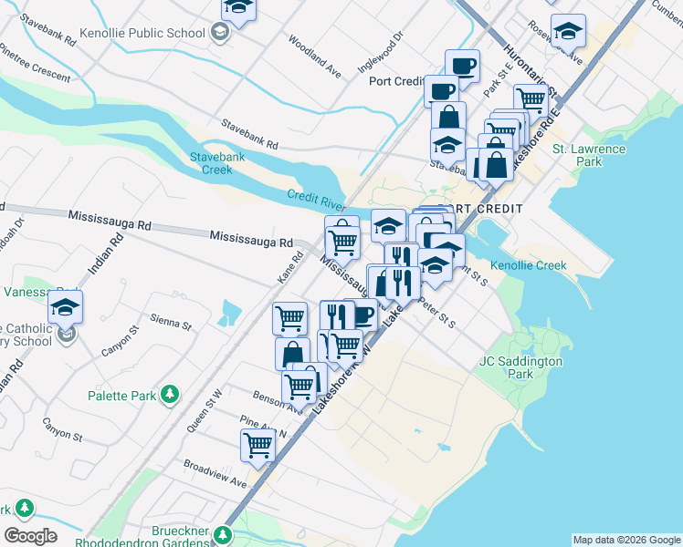 map of restaurants, bars, coffee shops, grocery stores, and more near 48 Mississauga Road North in Mississauga