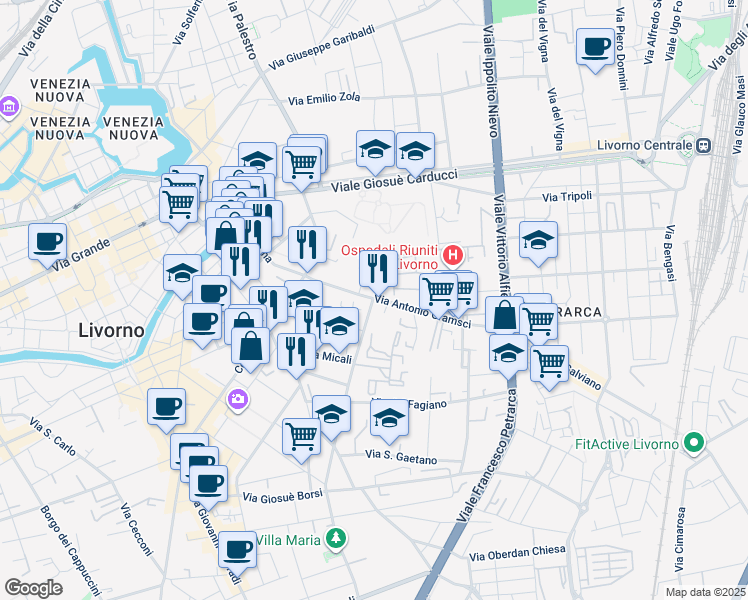 map of restaurants, bars, coffee shops, grocery stores, and more near 50/B Via Antonio Gramsci in Livorno