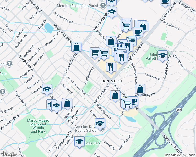 map of restaurants, bars, coffee shops, grocery stores, and more near Boxford Crescent in Mississauga