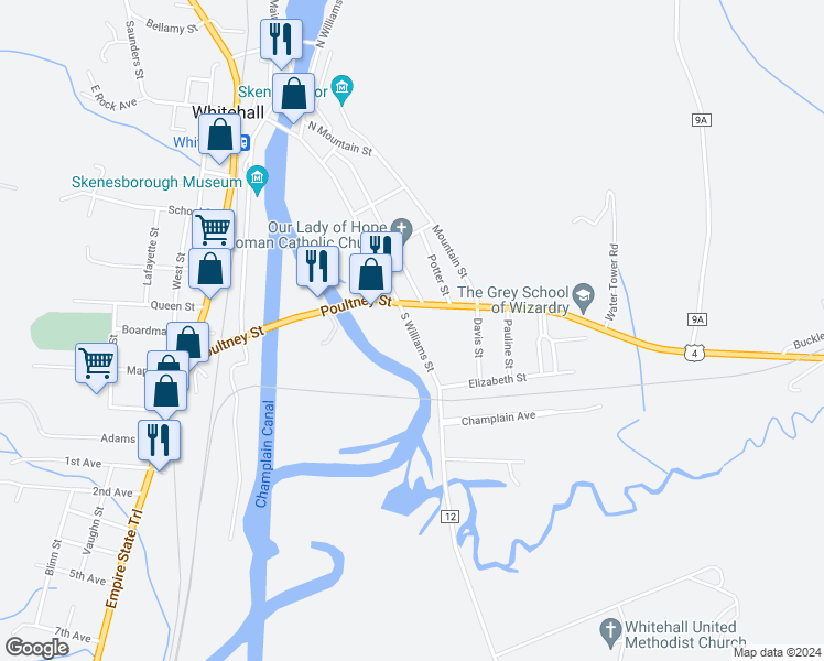 map of restaurants, bars, coffee shops, grocery stores, and more near 91 South Williams Street in Whitehall
