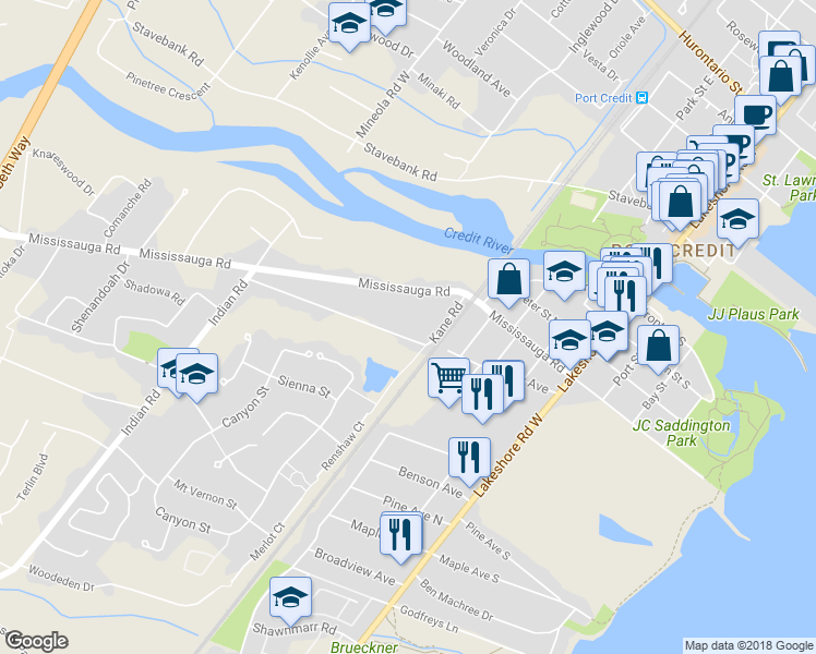 map of restaurants, bars, coffee shops, grocery stores, and more near 1163 Kane Road in Mississauga